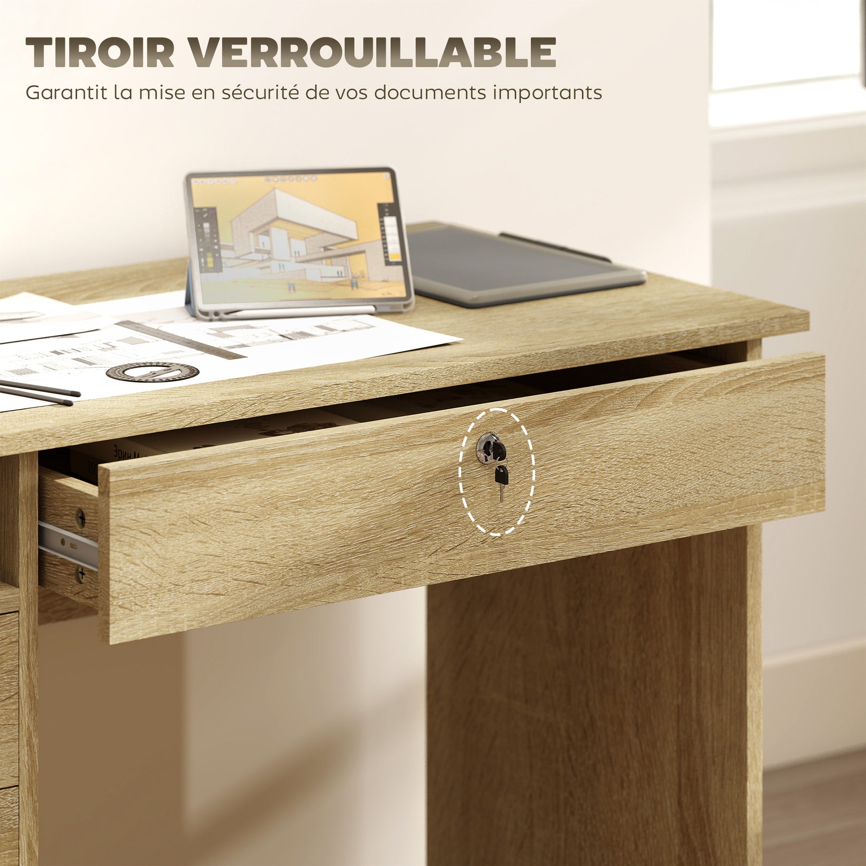 Bureau moderne avec 5 tiroirs, grand plateau, 1 compartiment ouvert, tiroir verrouillable, 110 x 50 x 76cm, chêne