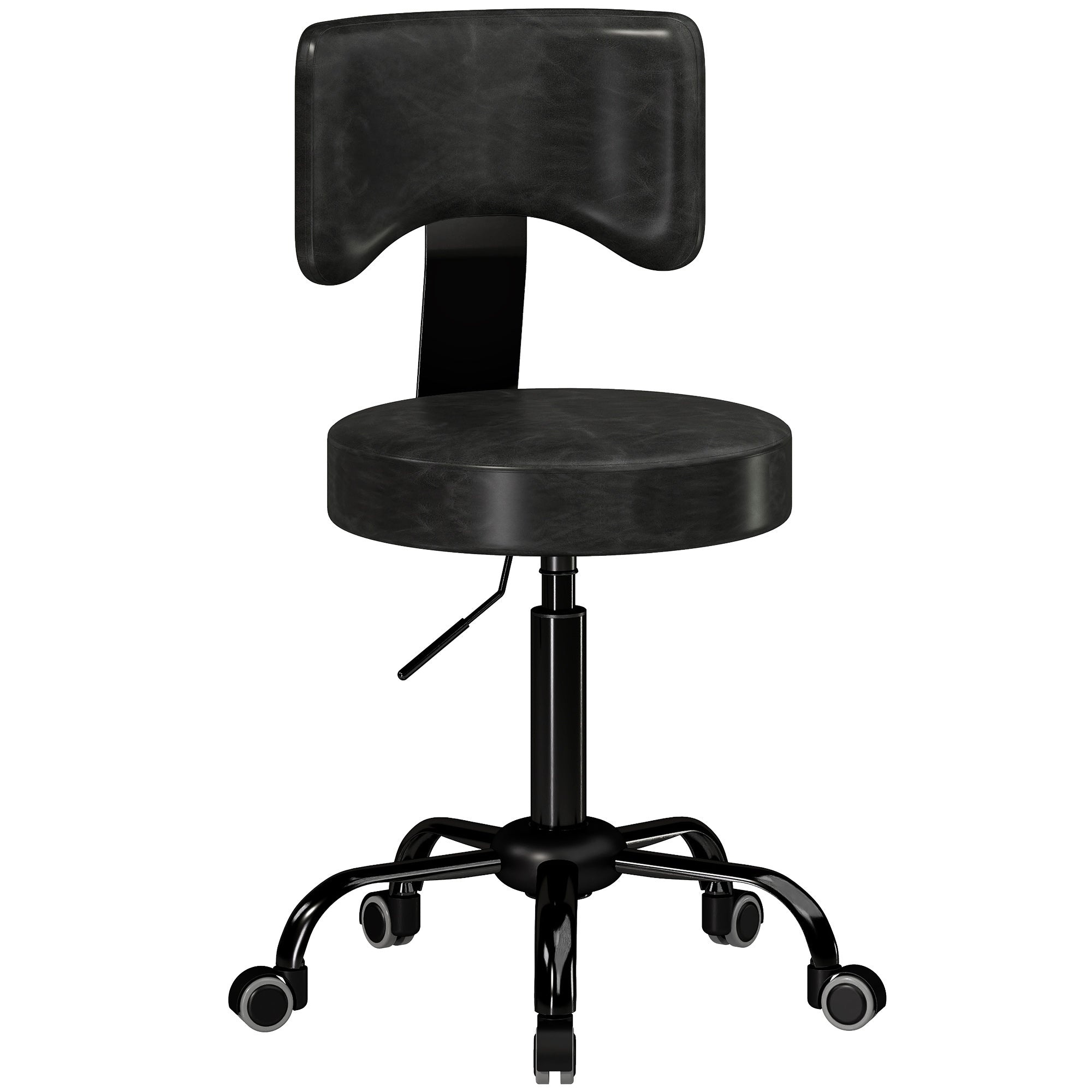 Tabouret à Roulettes, Hauteur Réglable 72-87,5cm, Tabouret de Massage Assise et Dossier Rembourrés, Pivotant 360°, Noir