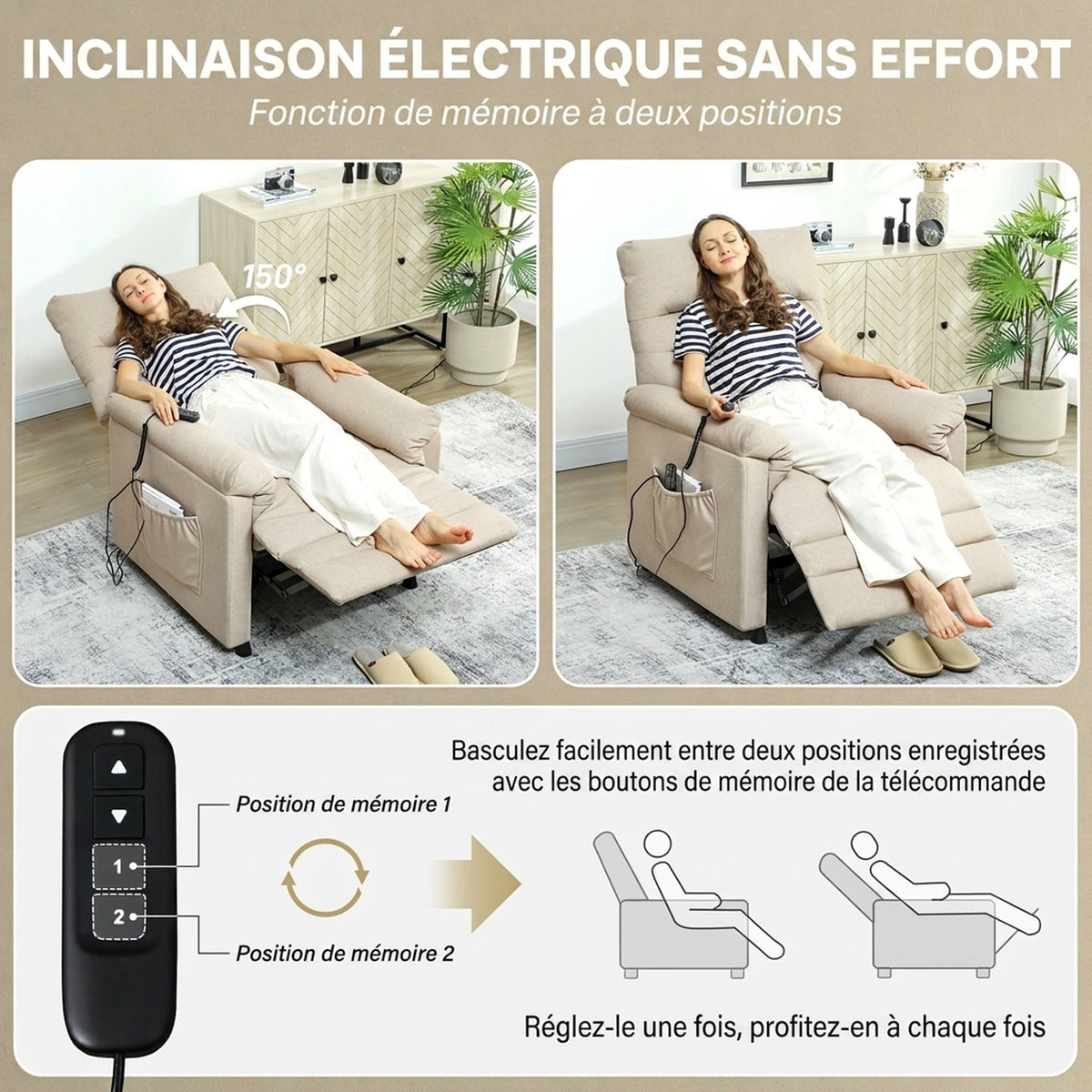 Electric Massage and Heating Recliner Armchair in Velvet, Ultra-Quiet, Reclining, USB Port, 82x99x106cm, Beige