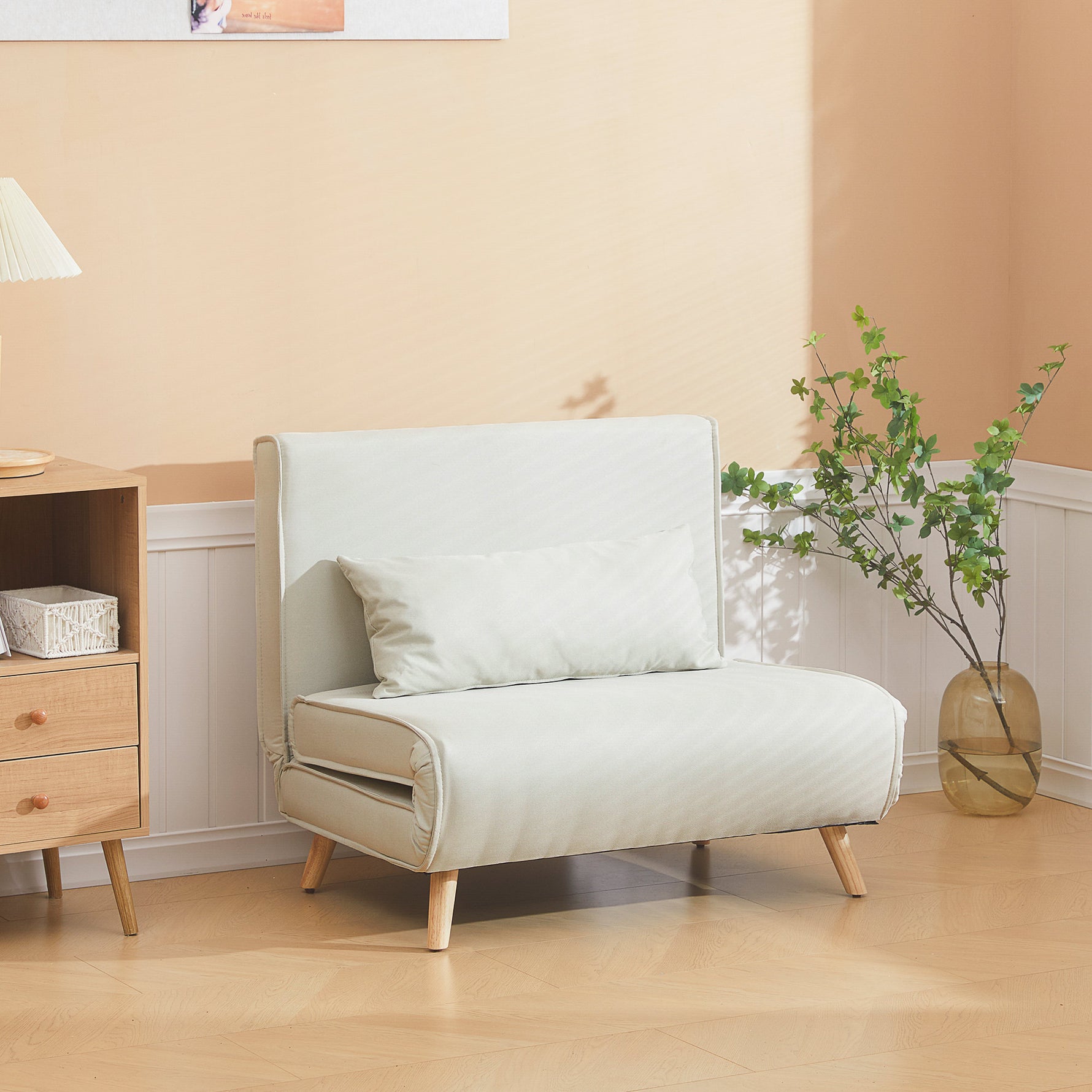 Canapé-lit 1 place avec dossier réglable, coussin inclus et pieds pliables charge 120 kg blanc