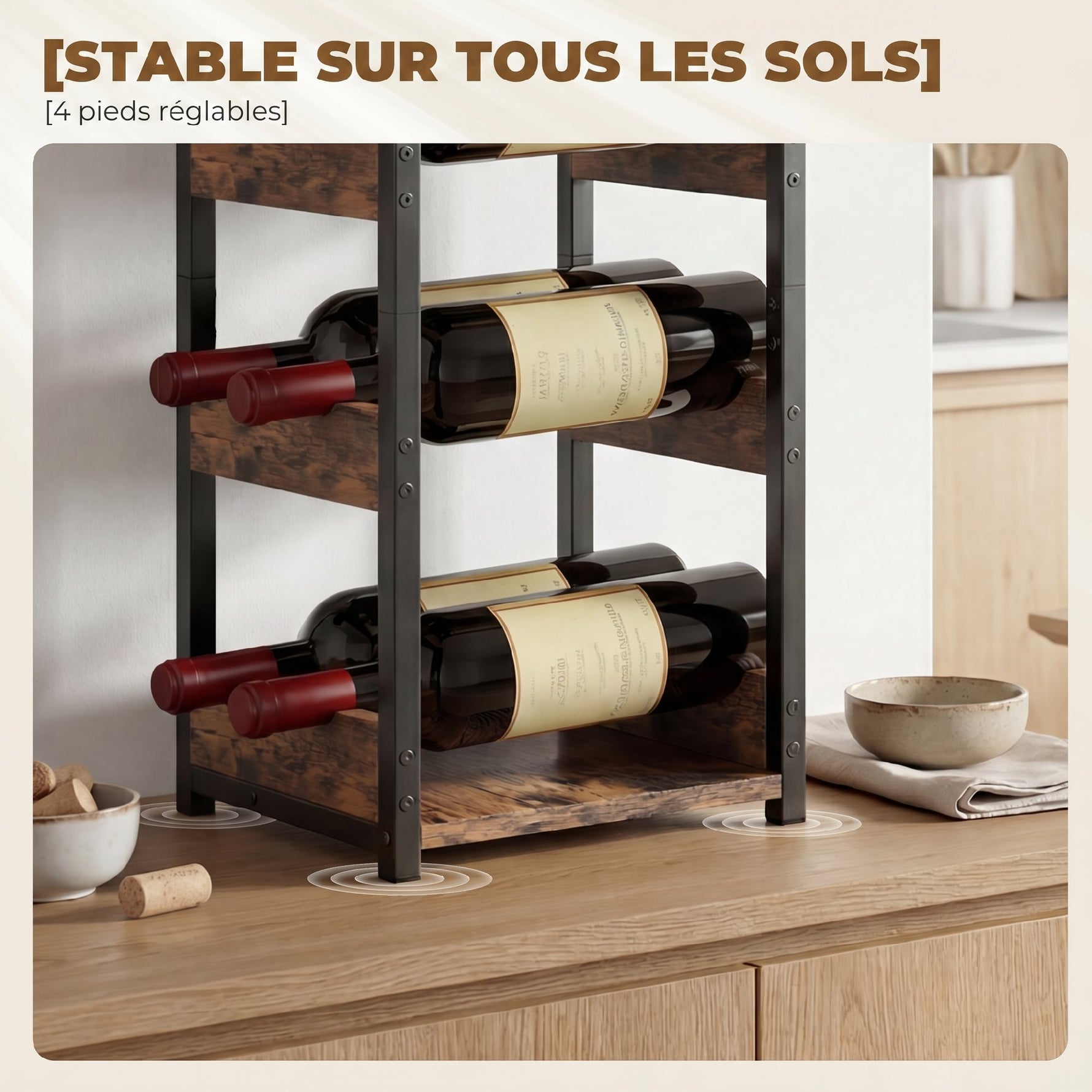 Casier à bouteilles pour 6 bouteilles, casier à vin avec étagères ondulées, 22 x 24 x 49,2 cm, brun rustique