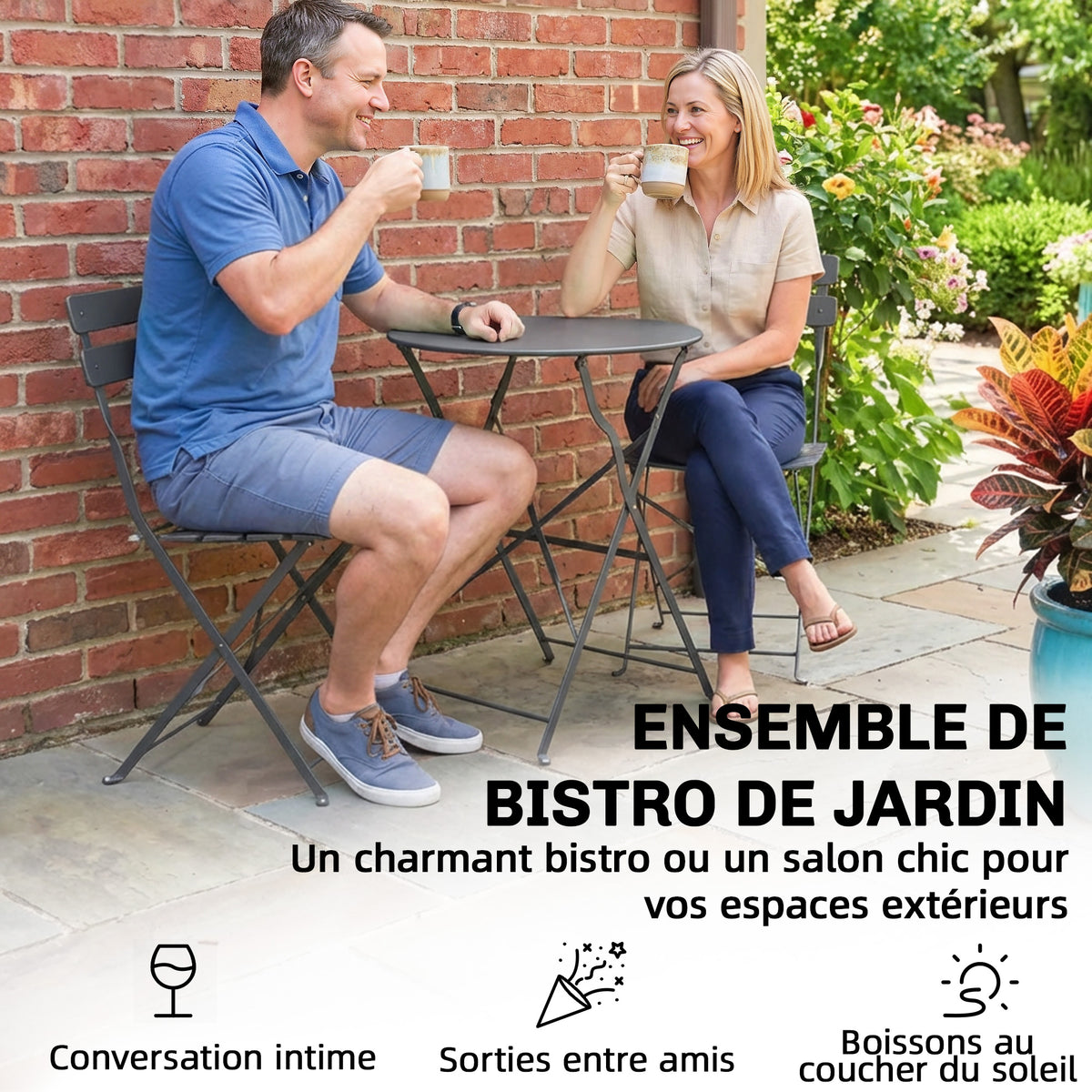 Ensemble Bistrot de Jardin 3 Pièces Table et 2 Chaises Pliantes à Lattes Double Protection Antirouille Noir