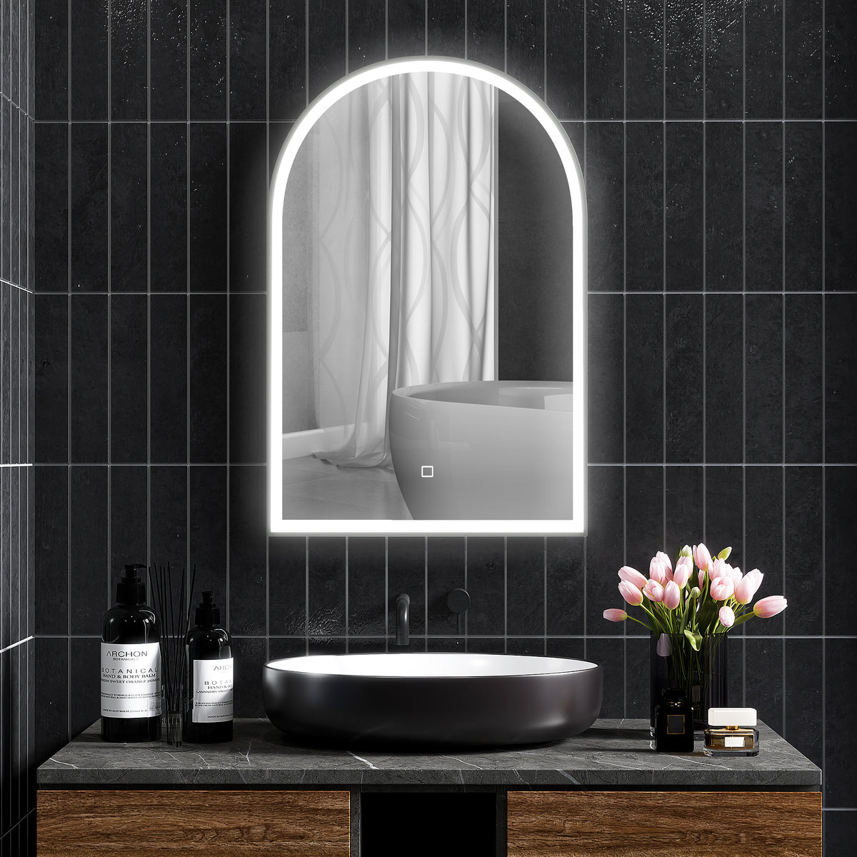 Miroir de salle de bain LED 90 x 60cm, mural, 3 couleurs, arqué cadre en aluminium, désembuage et interrupteur tactile