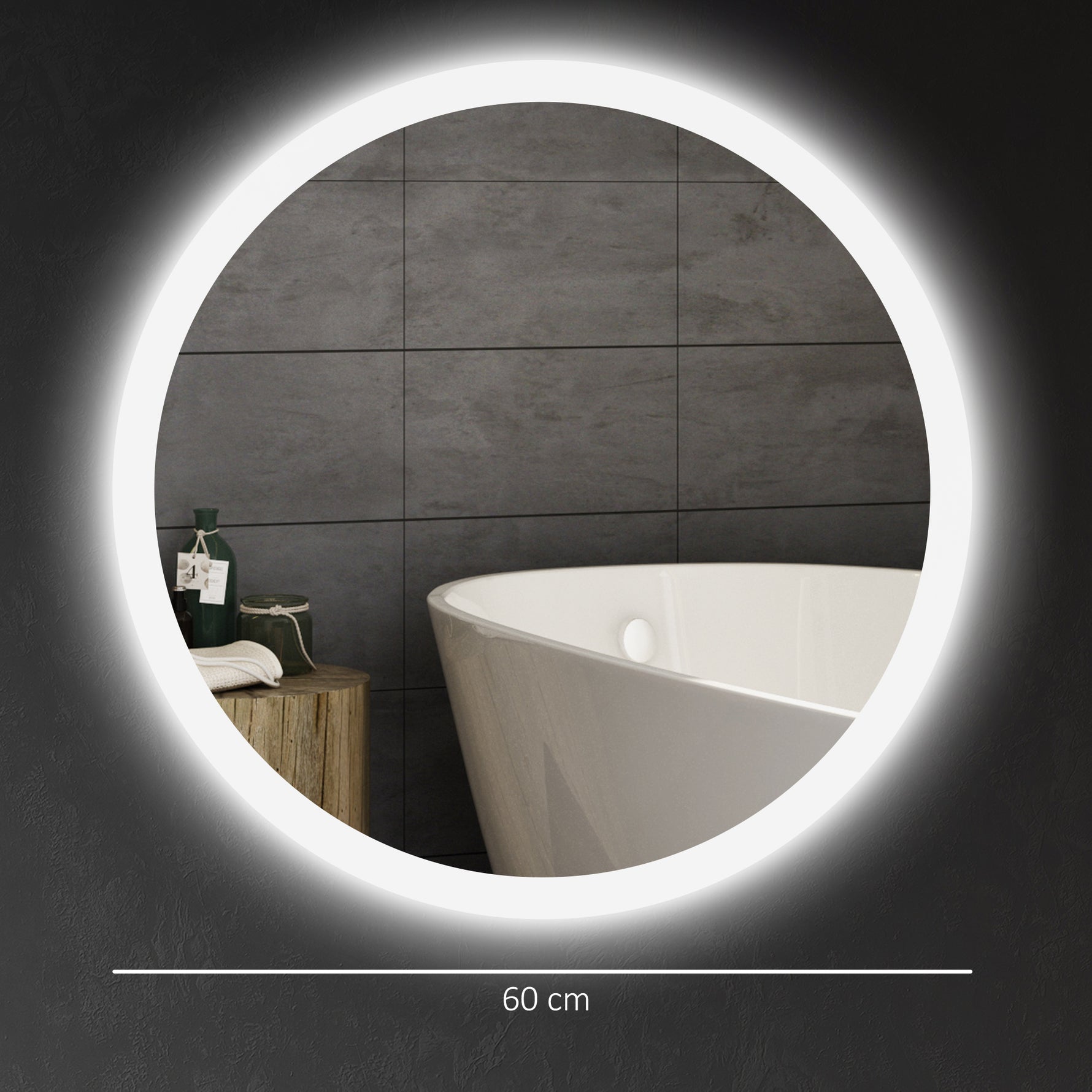 Miroir rond lumineux LED de salle de bain Ø 60 cm mural avec éclairage 3 couleurs interrupteur tactile 29 W gris