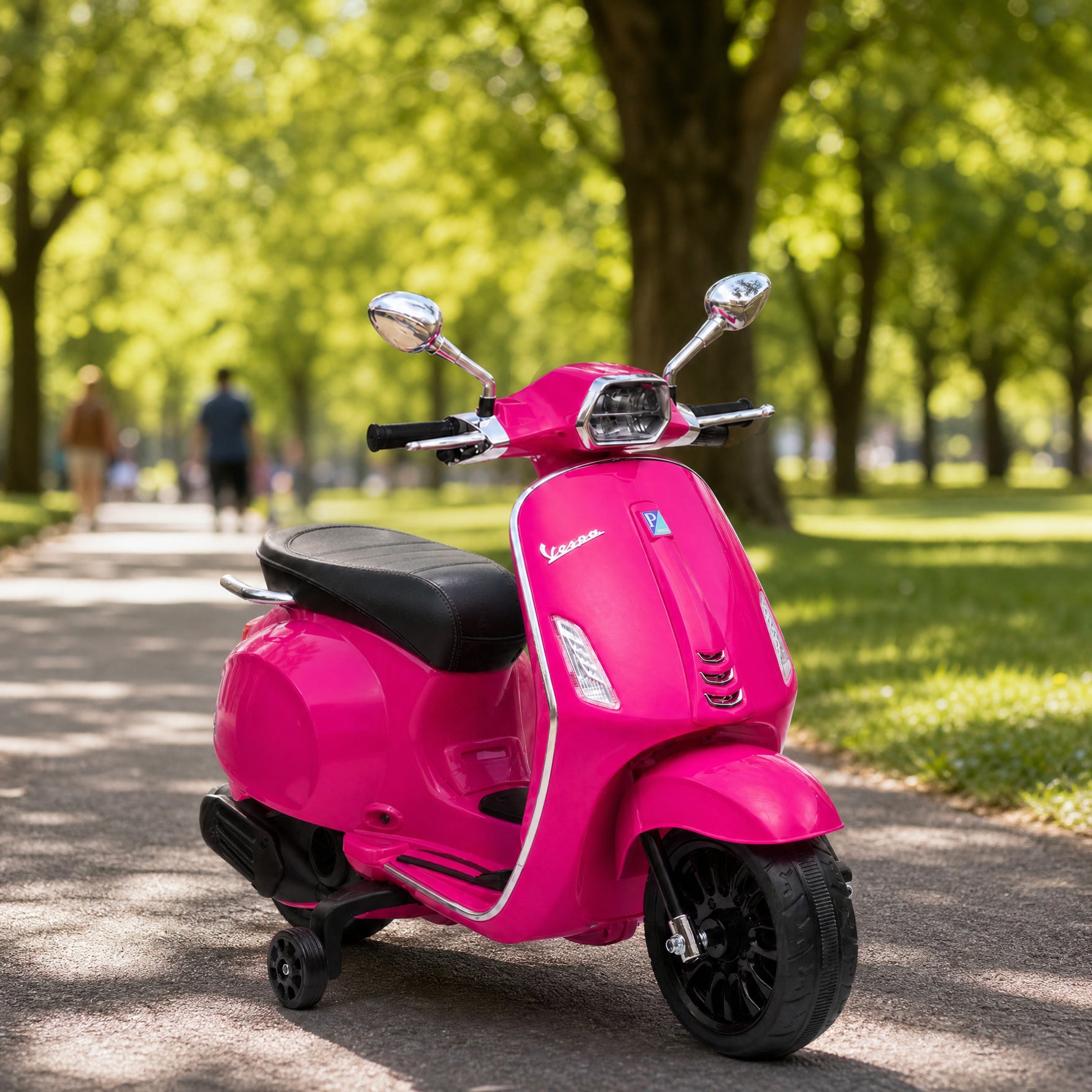 Scooter électrique enfant Vespa 6 V dim. 107L x 47l x 73H cm Musique MP3 Port USB Phare 2 roues d'entraînement - Rose