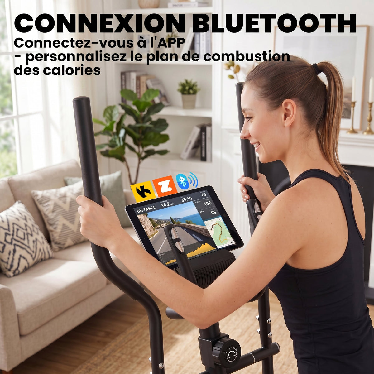 Vélo Elliptique, Écran LCD, Résistance 8 Niveaux, Capteur Pouls, Bluetooth, Support pour Téléphone, 100x52x153cm, Gris