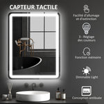 Miroir de salle de bain rectangulaire LED fonction anti-buée luminosité réglable fonction mémoire 70 x 90 cm argent
