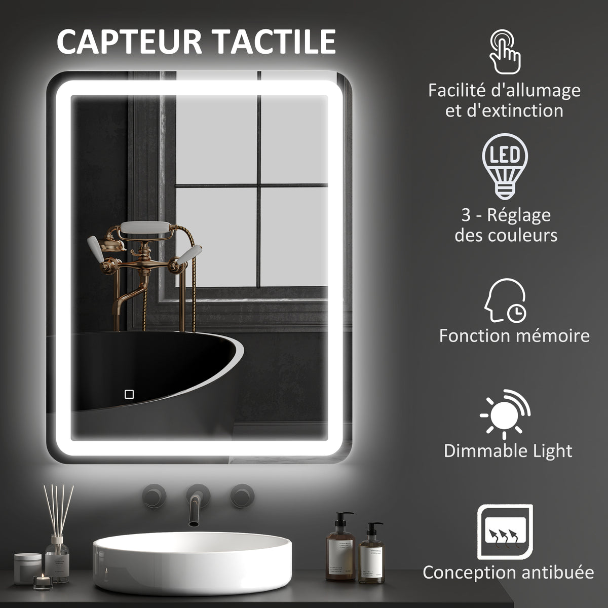 Miroir de salle de bain rectangulaire LED fonction anti-buée luminosité réglable fonction mémoire 70 x 90 cm argent