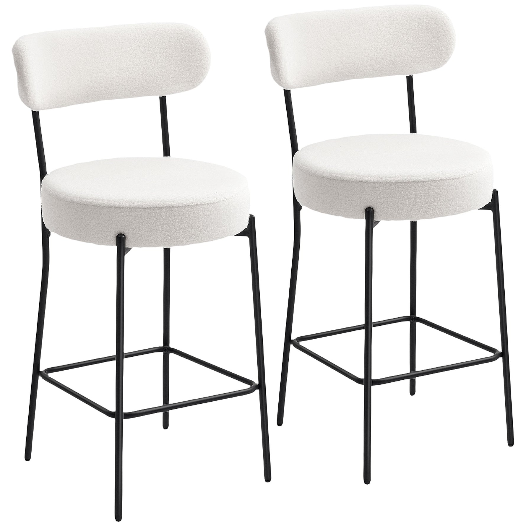 Lot de 2 tabourets de bar en tissu bouclette, chaises de bar avec dossier courbé, repose-pieds, 49x52x95cm, crème