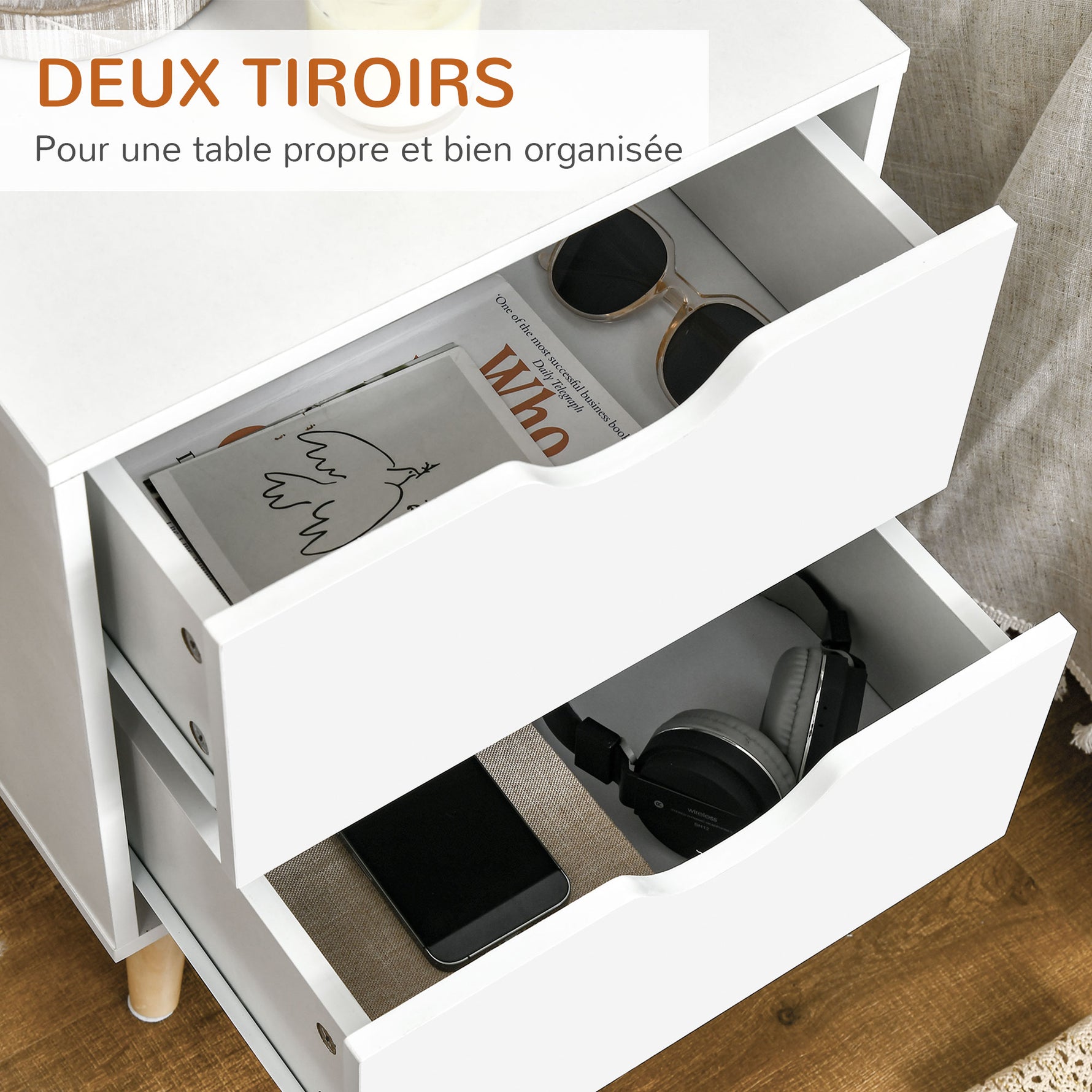 Table de chevet table de nuit avec 2 tiroirs, style scandinave pour chambre à coucher, salon, 40 x 35 x 50,5 cm, blanc