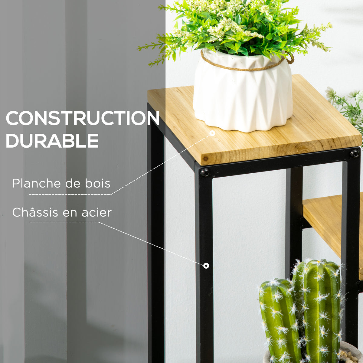 Étagère à plantes étagère à fleurs en métal et bois 4 niveaux de différentes hauteurs style industriel 34 x 34 x 66 cm