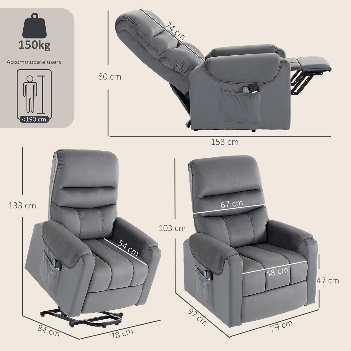 Fauteuil releveur électrique massage vibration et chaleur, fauteuil relax électrique en velours, gris foncé