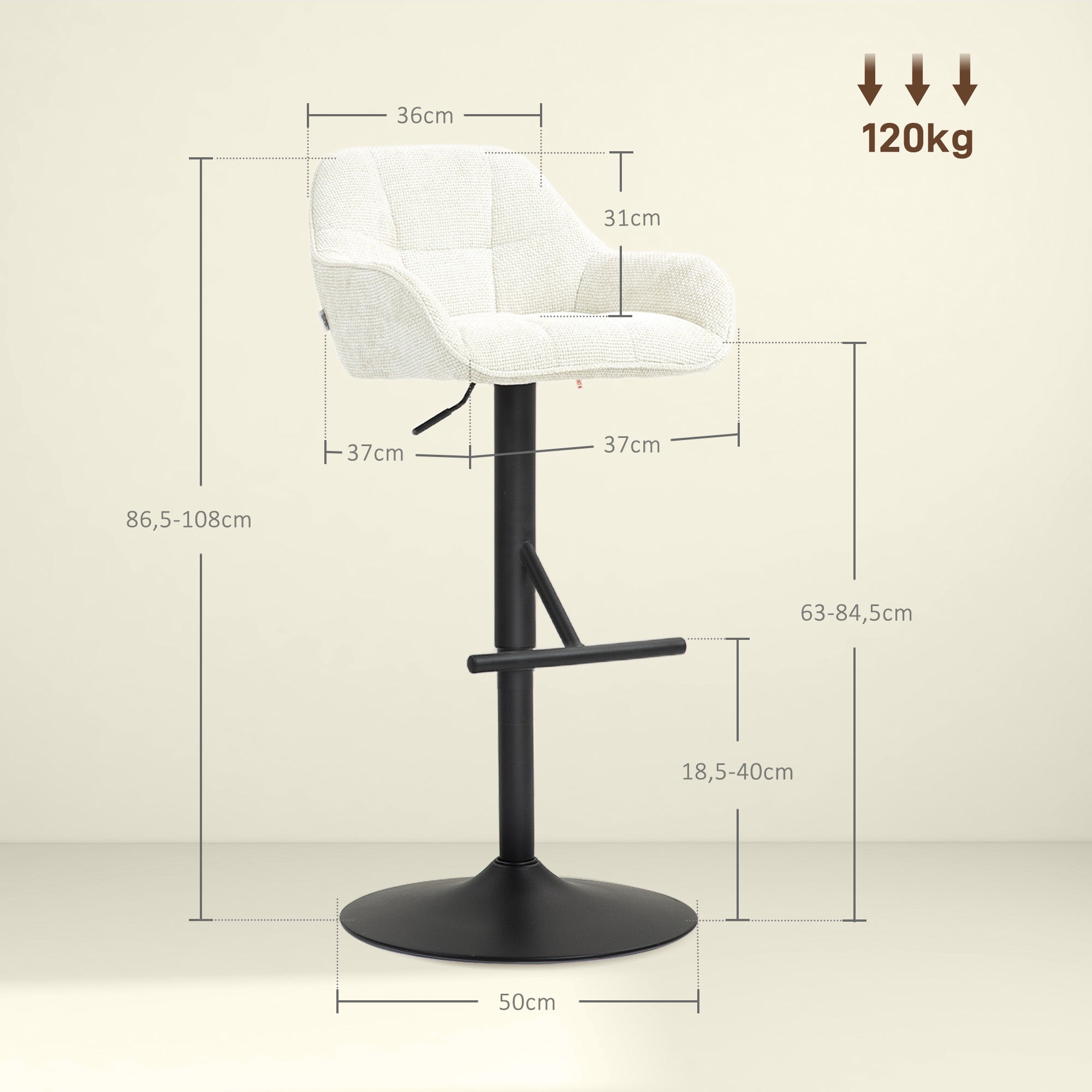 2er-Set Barhocker, höhenverstellbare Barstühle aus Leinenimitat mit Stahlfuß, 52,5 x 53 x 86,5–108 cm, Creme