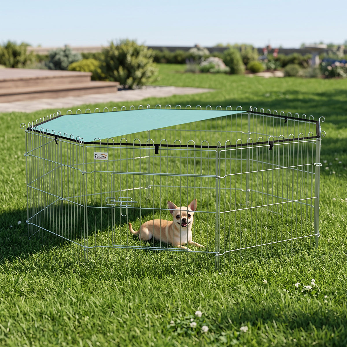 Hundeauslaufgehege, 8-teiliger Hundezaun mit Dach, modular und zusammenklappbar, tragbares Laufgehege 60H cm mit Tür, silber-grün