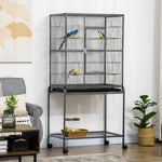Gabbia per uccelli portatile con 4 mangiatoie e 4 posatoi, pratica, 81 x 48 x 162,5 cm, nero e grigio