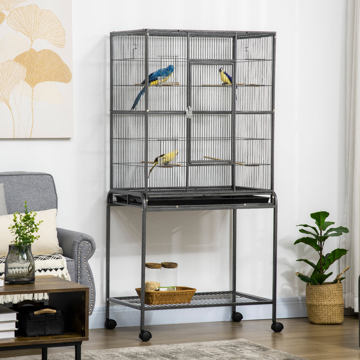 Gabbia per uccelli portatile con 4 mangiatoie e 4 posatoi, pratica, 81 x 48 x 162,5 cm, nero e grigio