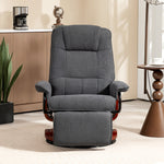 Fauteuil relax inclinable repose-pieds réglable pivotant 360° piètement bois tissu aspect lin gris
