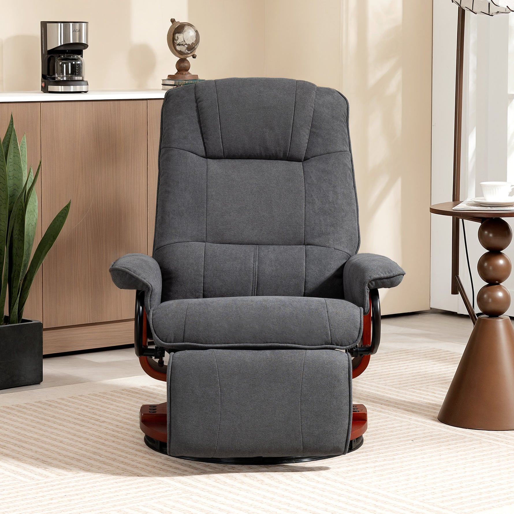 Fauteuil relax inclinable repose-pieds réglable pivotant 360° piètement bois tissu aspect lin gris