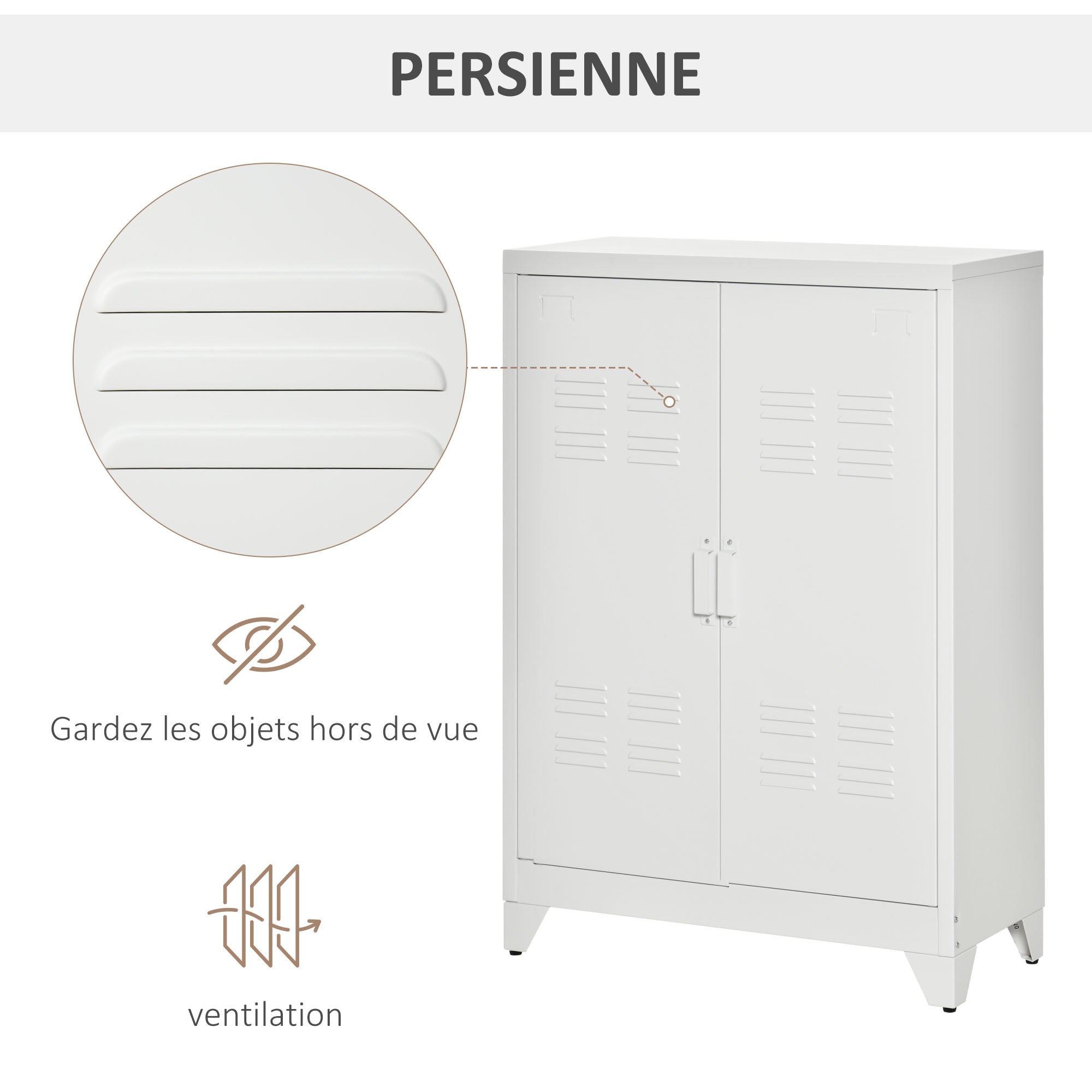 3-tier office cabinet, metal office storage unit, 2 doors, adjustable shelves, 75 x 33 x 110 cm, white