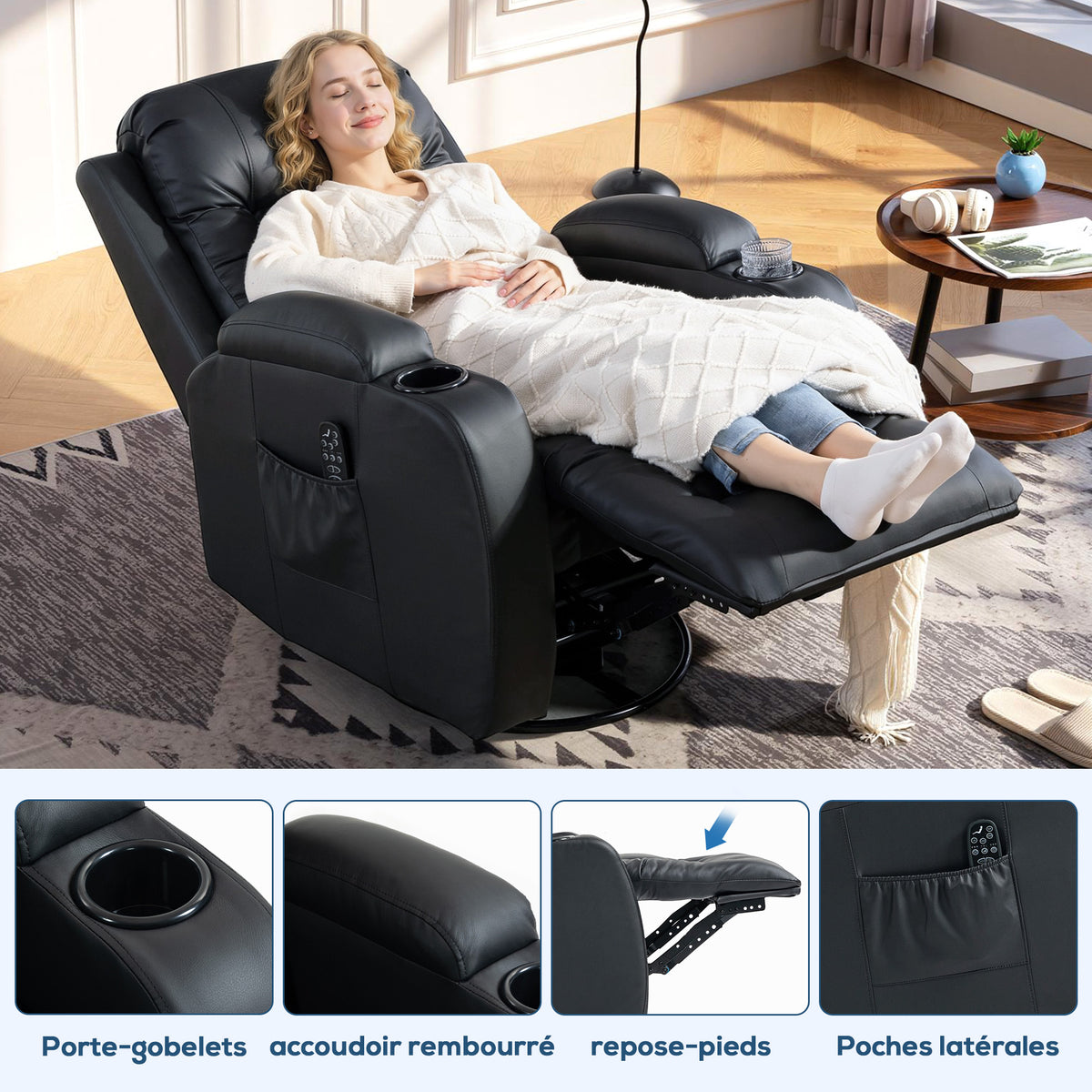 Fauteuil inclinable de massage et chauffage, fauteuil de relaxation, dossier réglable, pivotant 360°, 82x99x103cm, noir
