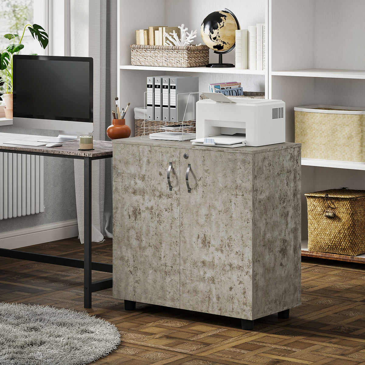 Armario de oficina de 2 niveles, mueble de almacenamiento de oficina con 2 puertas, cerraduras y llaves, 80x40x80cm, gris
