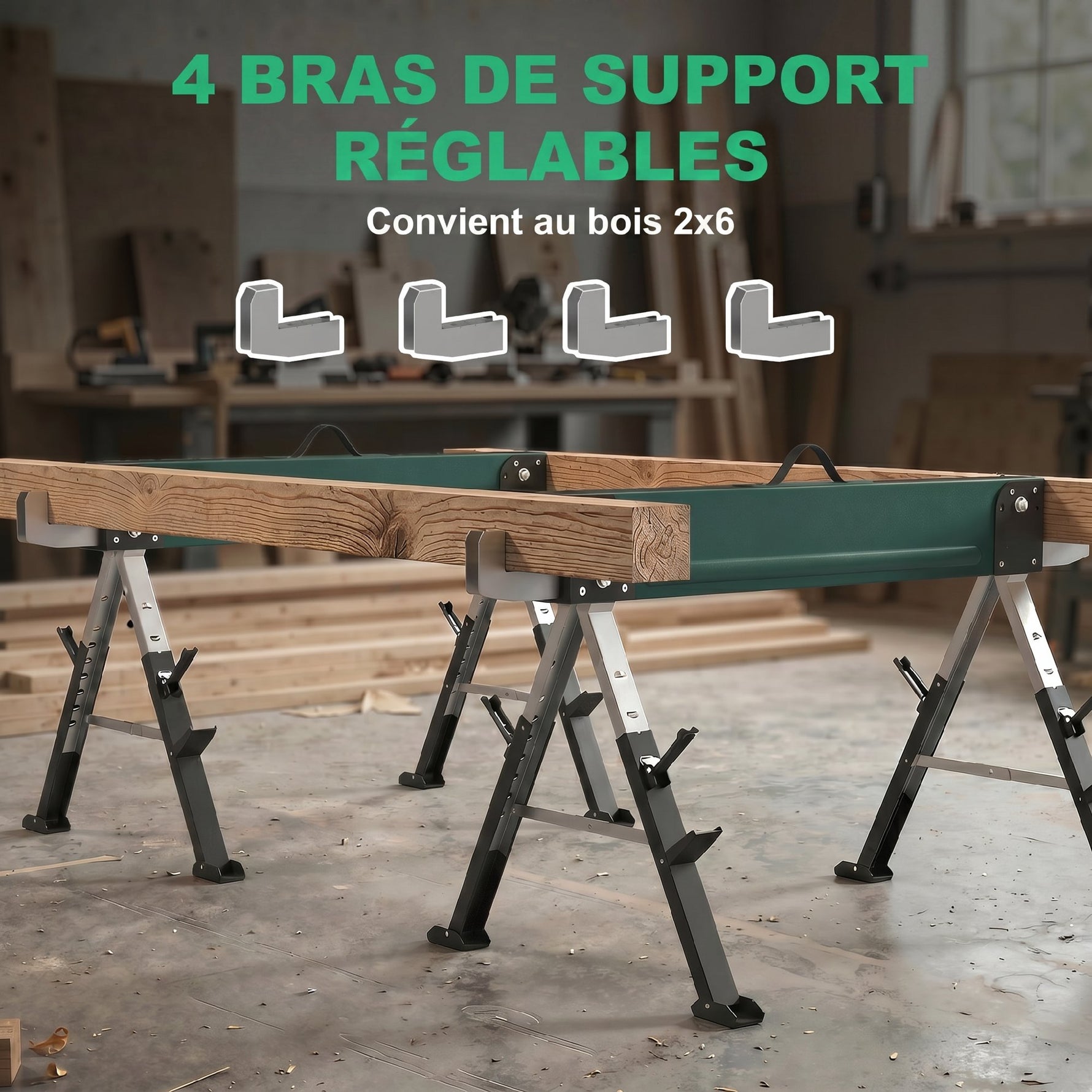 lot de 2 tréteaux pliables en métal, charge max 1160 kg, hauteur réglable 64-81cm, poignée de transport, vert