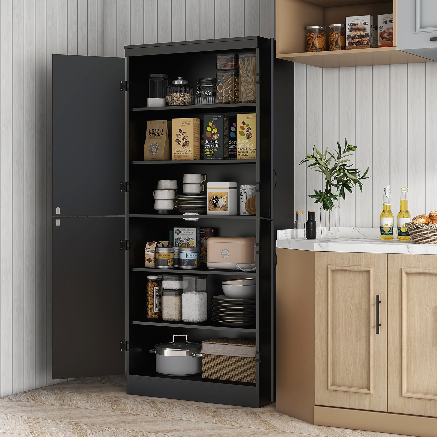 Buffet haut cuisine, armoire de cuisine avec 4 portes à 6 niveaux et étagères réglables, 76 x 40 x 176,7 cm, noir