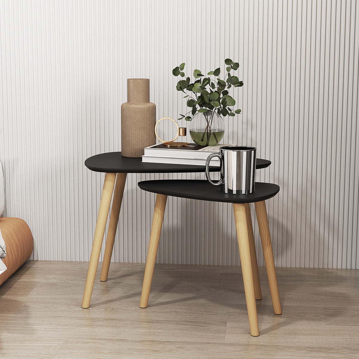Set van 2 design bijzettafels in Scandinavische stijl met houten poten en houten blad, zwart