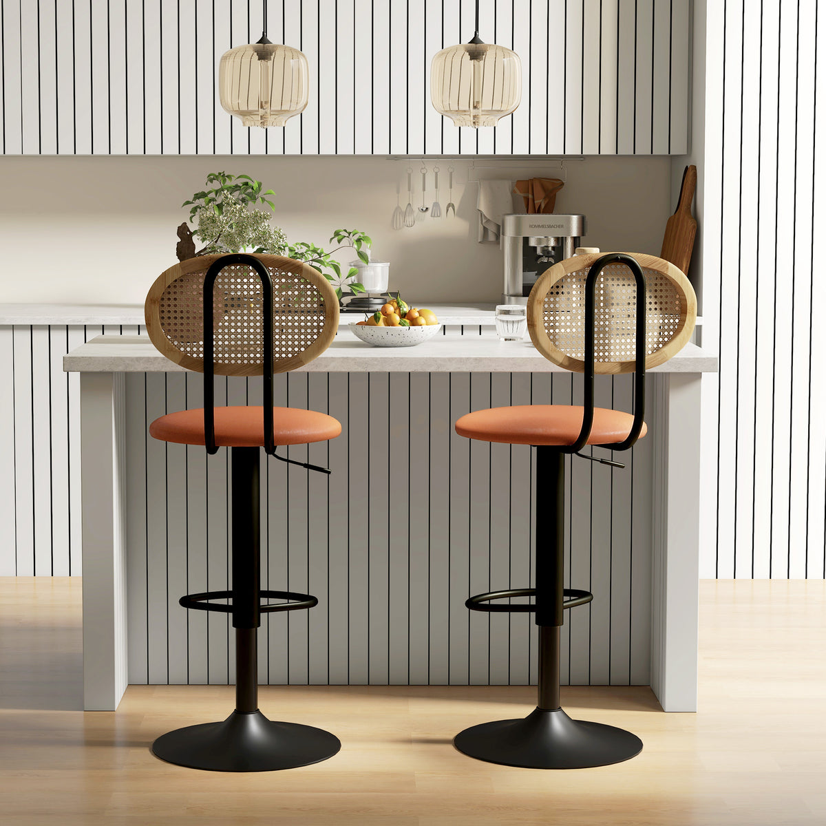 Lot de 2 tabourets de bar chaises de bar hauteur réglable avec dossier en rotin et repose-pieds, marron