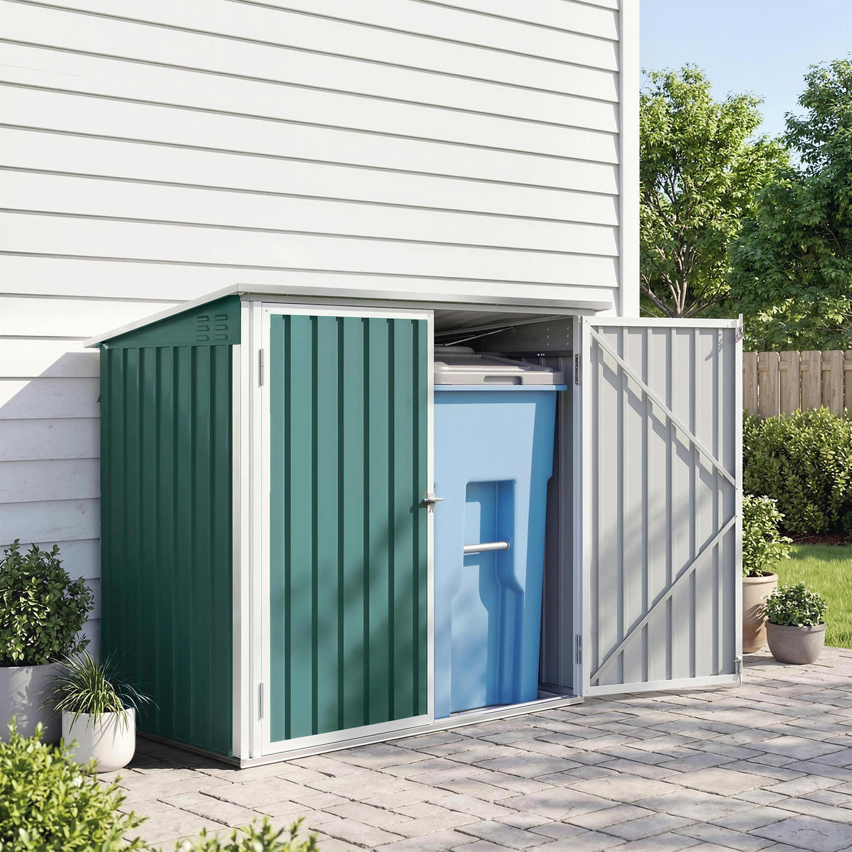 Cache Poubelle Extérieur en Acier Galvanisé pour 2 Poubelles, Double Porte, Couvercle Pneumatique, 180x108x130cm, Vert