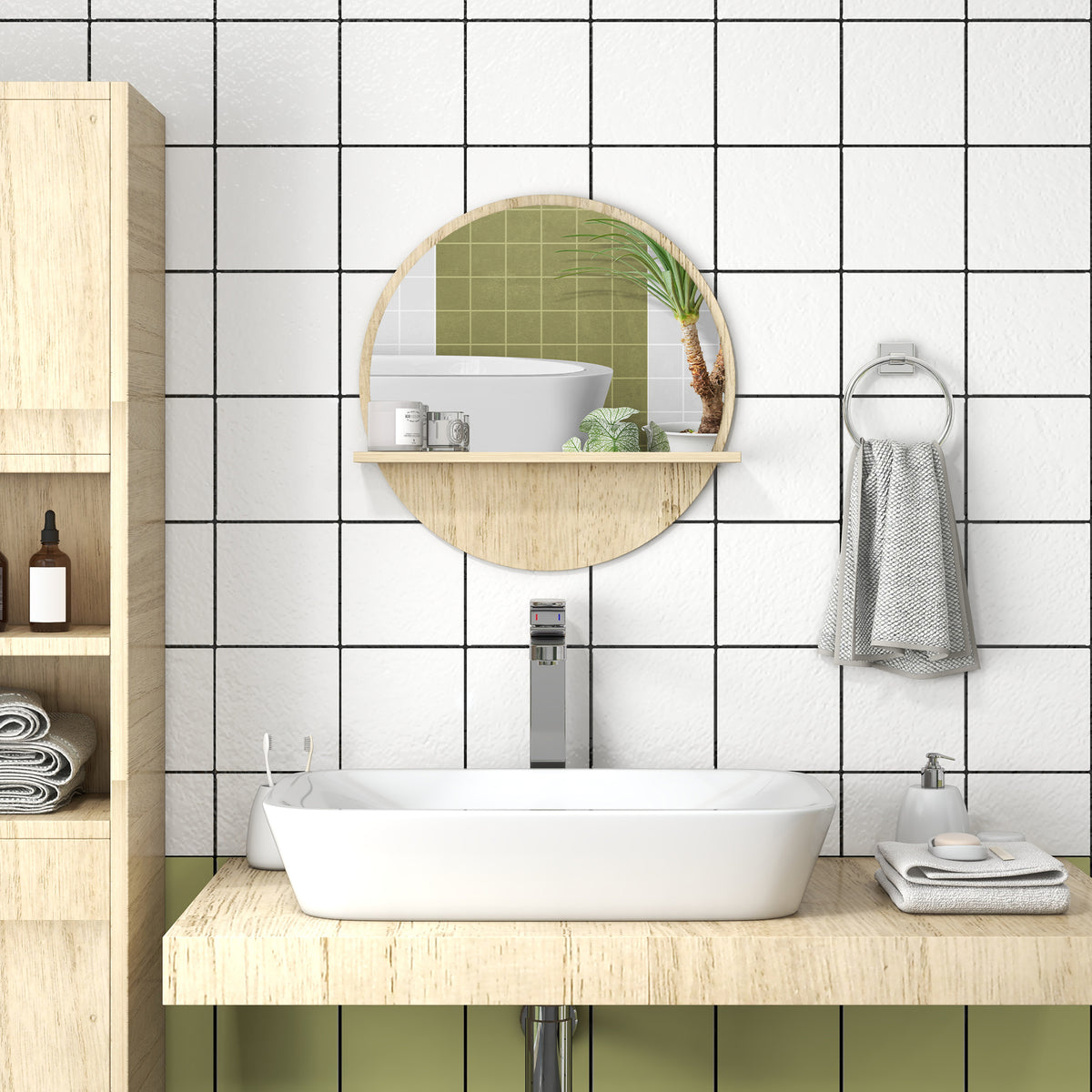 Miroir rond mural de salle de bain avec 1 étagère de rangement - Ø 45 x 10H cm - panneau de particules