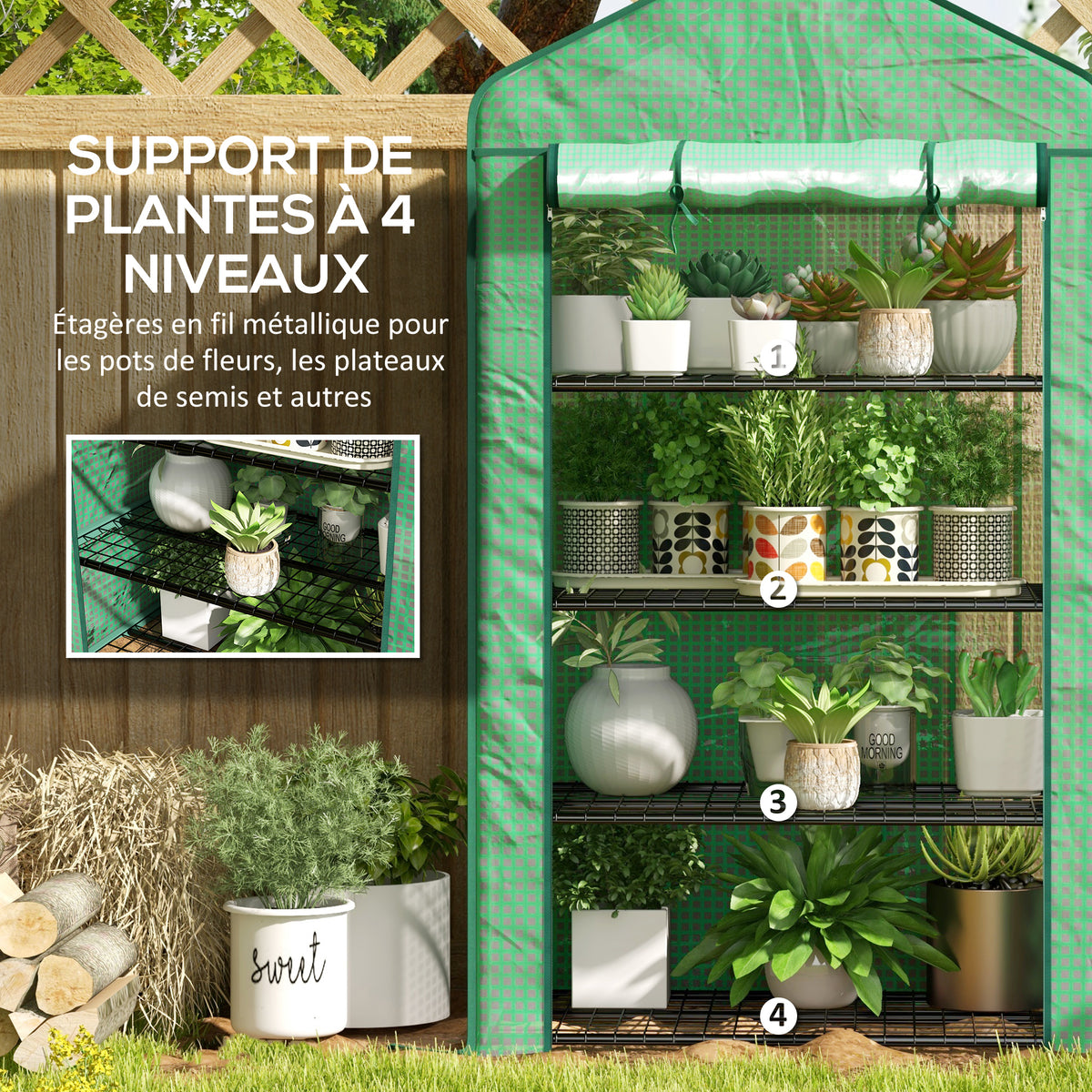 Serre de Jardin Balcon étagère Serre 4 Niveaux 90L x 49l x 160H cm Acier galvanisé bâche Amovible PE Haute densité Vert