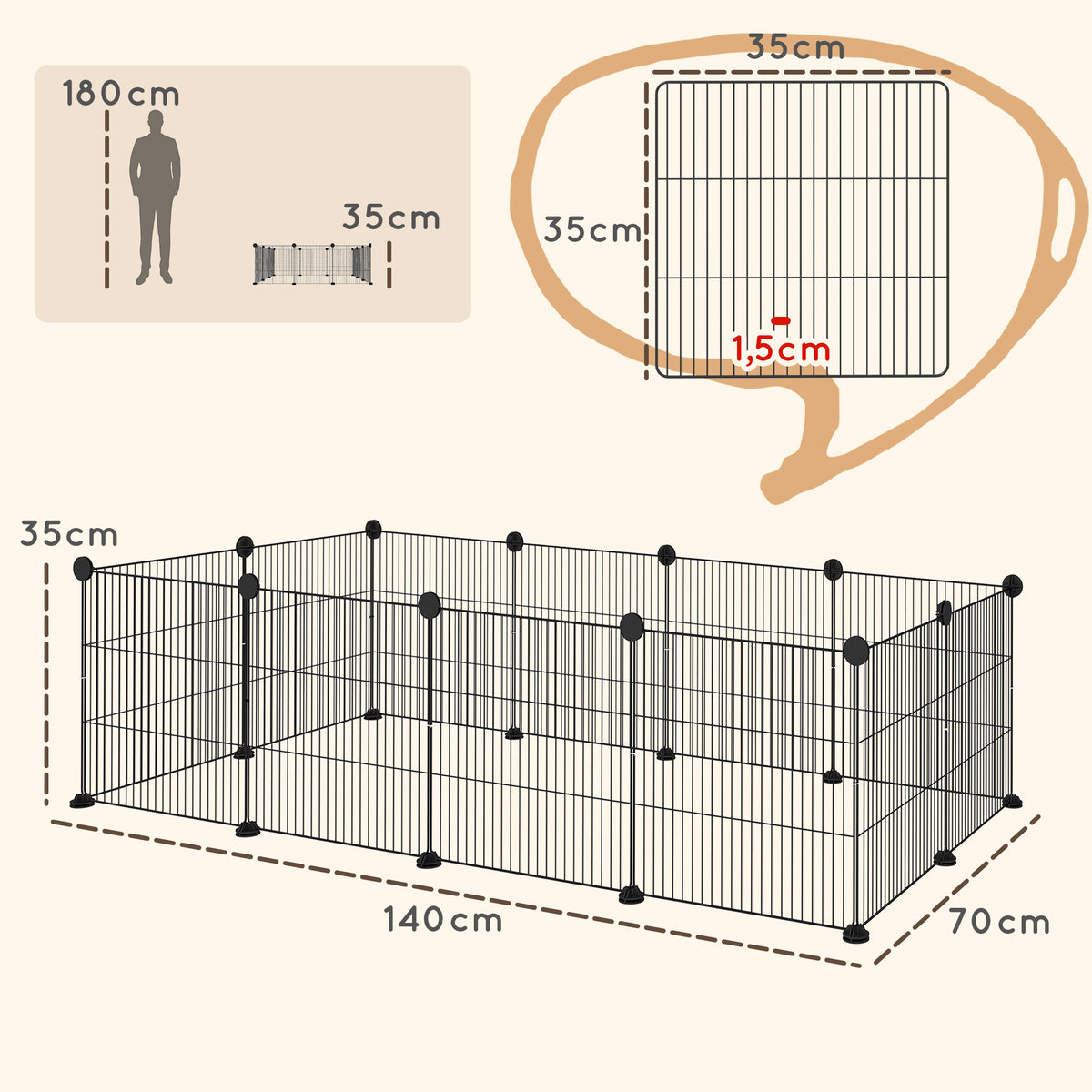 Cage parc enclos pour animaux domestiques bords arrondis fil en acier 140 x 70 x 35 cm noir