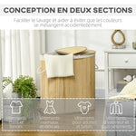 Panier à linge en bambou 100L avec 2 sections couvercle et sac amovible 62,5 x 37 x 60,5 cm - naturel