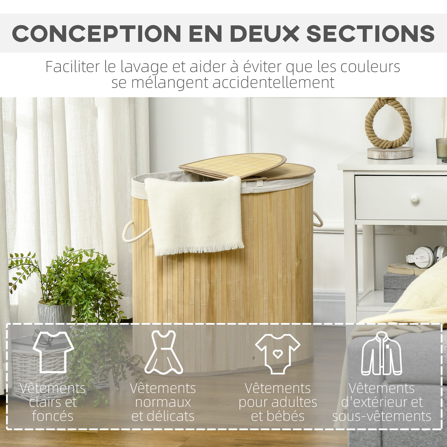 Panier à linge en bambou 100L avec 2 sections couvercle et sac amovible 62,5 x 37 x 60,5 cm - naturel