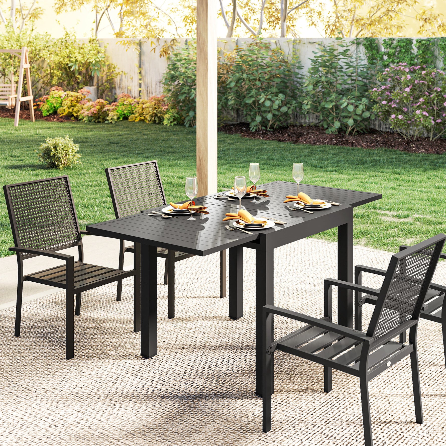 Table de jardin extensible table extérieur pour 4-6 personnes avec rallonge auto-stockée aluminium 80-160 x 80 cm noir