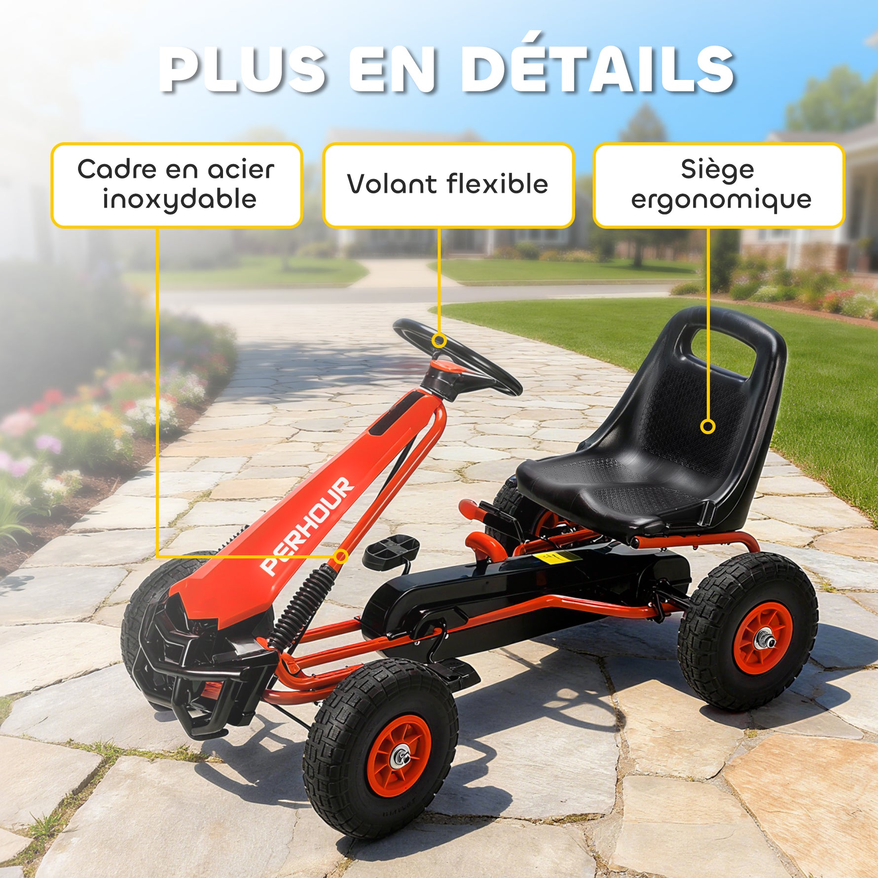 Kart à pédales Go-Kart pour enfants siège réglable pneus EVA embrayage manuel et frein 110 x 61 x 62 cm rouge