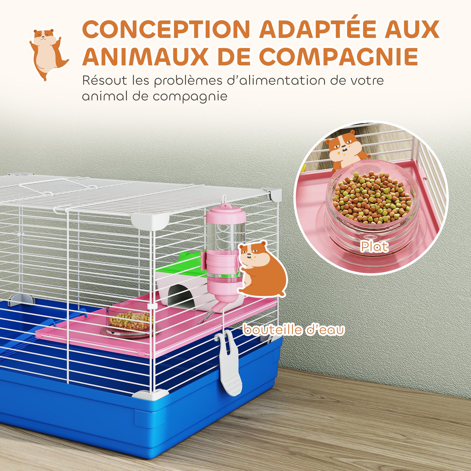 Cage Hamster, Cage Rongeur à 2 Niveaux, Base Amovible pour Nettoyage Facile, Cabane, Roue d'Exercice, 47x30x27cm, Bleu