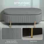 Banc de rangement, bout de lit en velours avec couvercle, pieds en métal, capacité 72 L, 107x42x45,5cm, gris