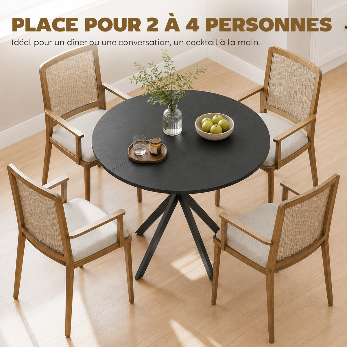 Table à Manger Ronde pour 2 Personnes avec Plateau Aspect Bois et Piètement Croisé en Acier, Noir