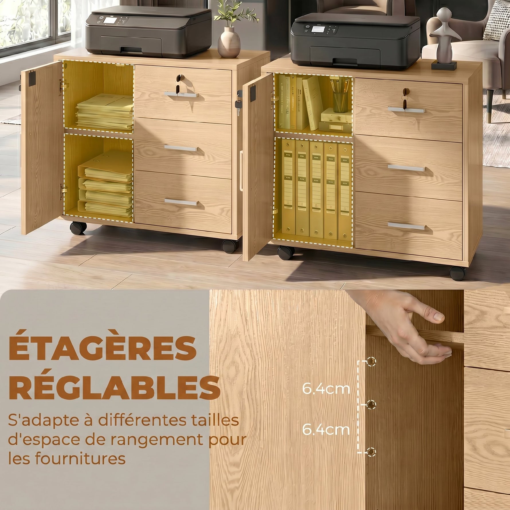 Caisson bureau meuble de rangement verrouillable avec 3 tiroirs et étagère réglable, roulettes, 40 x 60 x 56 cm, marron clair