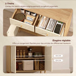 Buffet, meuble de rangement cannelé avec plateau effet chêne, 2 tiroirs, 2 portes, étagère réglable, 77x30x80cm, crème