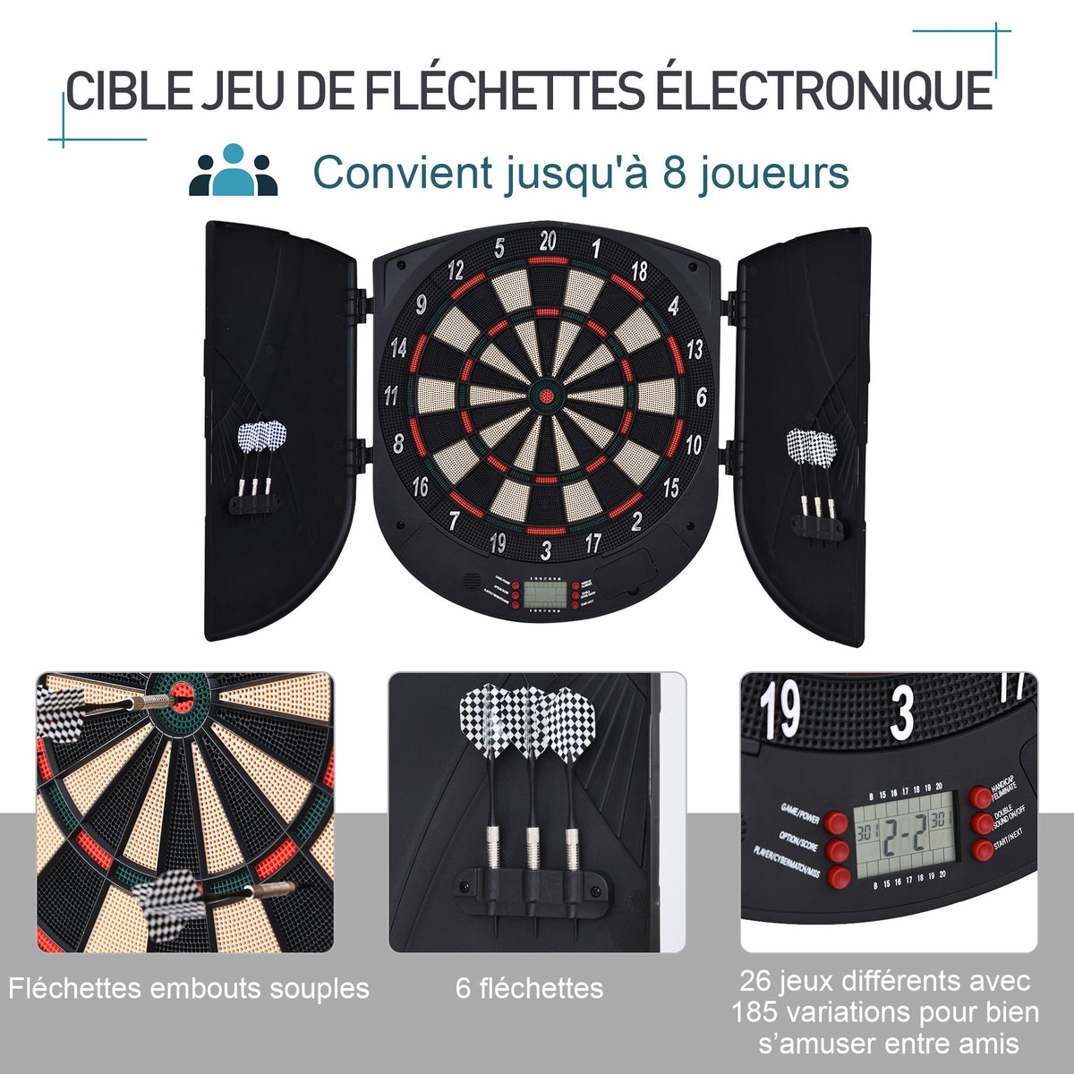 Cible jeu de fléchettes électronique refermable 26 jeux jusqu'à 8 joueurs affichage LCD haut-parleur noir