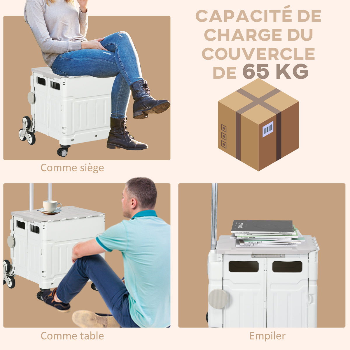 Chariot de courses pliable caddie de courses avec poignée télescopique réglable et couvercle charge max. 80 kg, blanc