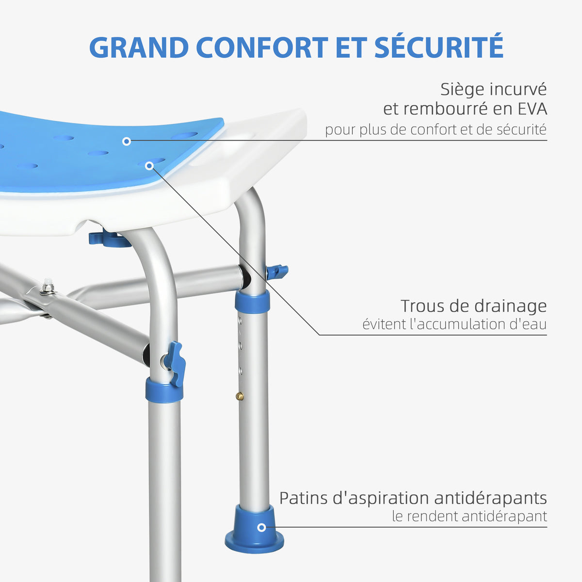 Tabouret de douche chaise de douche - assise rembourré et réglable, patins à ventouses antidérapants, en aluminium bleu