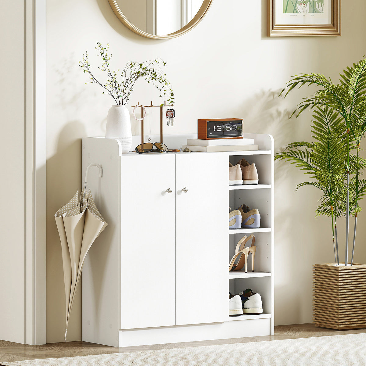 Meuble de rangement à chaussures pour entrée 12 paires - armoire à chaussures avec 4 compartiments ouverts et placard double porte - étagère réglable - 83L x 30l x 90H cm - blanc