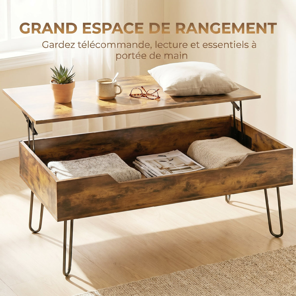 Table Basse Relevable en Bois avec Grand Rangement Caché, Hauteur Réglable, 95 x 50 x 40 cm, Marron Rustique