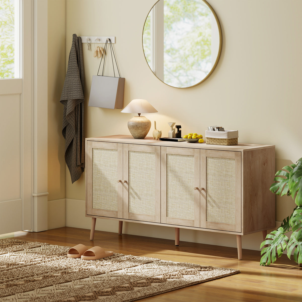 Buffet salon meuble de rangement placards à portes en cannage et étagère réglable 140 x 40 x 75 cm effet bois naturel