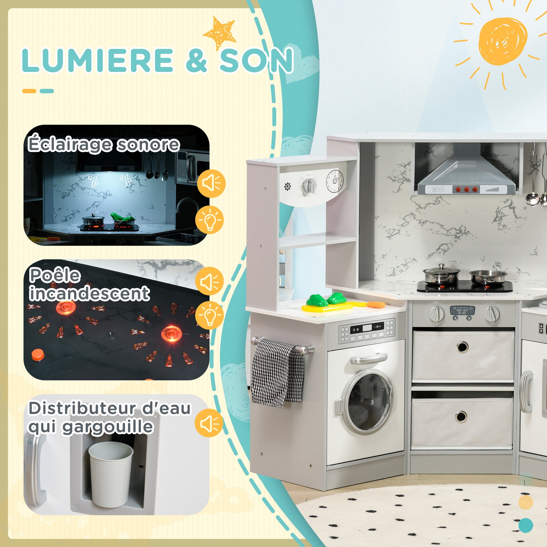 Cuisine enfant en bois avec 17 accessoires légumes en plastique boutons et lumières toque 3-6 ans gris blanc