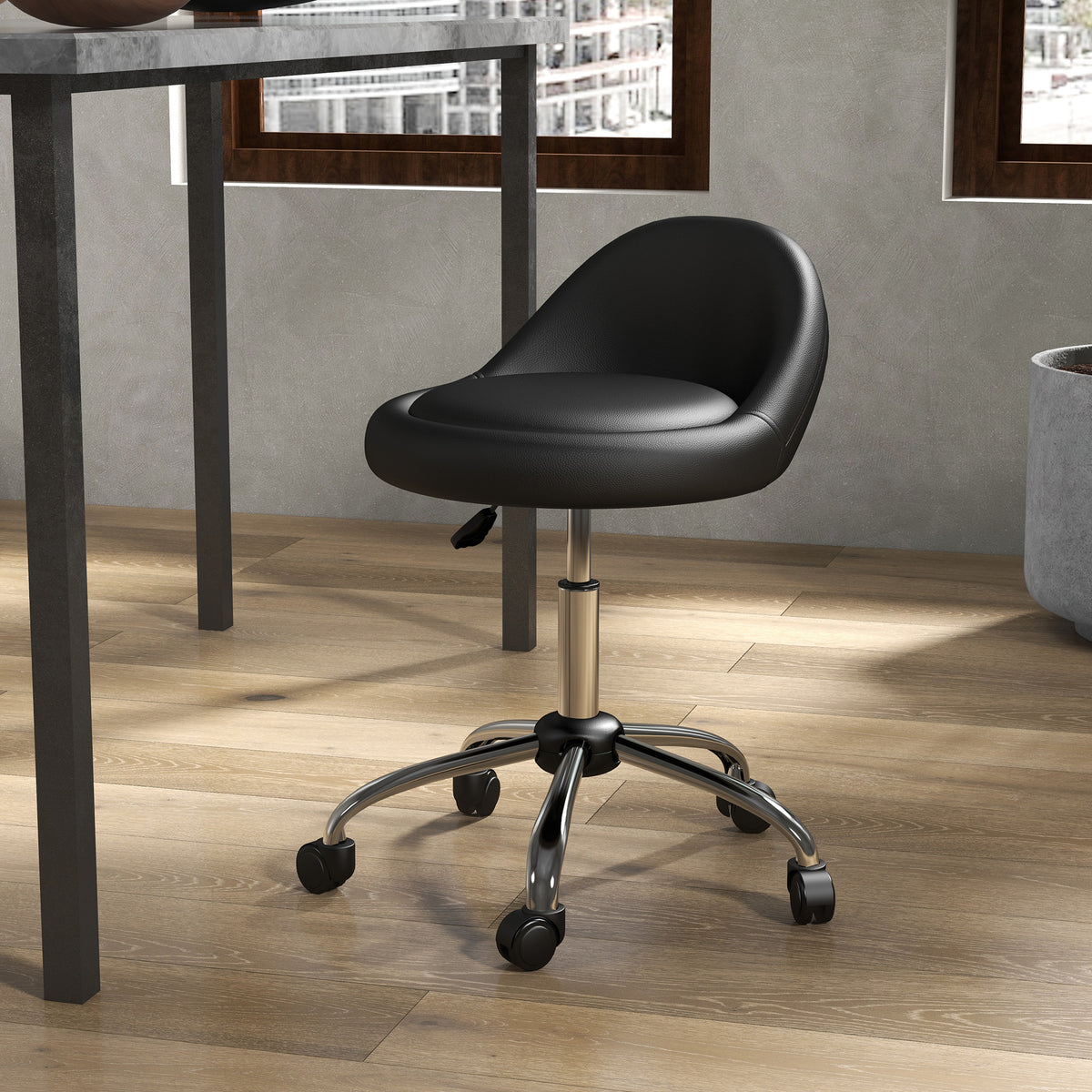 Sgabello con rotelle, sgabello da lavoro girevole a 360°, altezza regolabile 53-73 cm, rivestimento sintetico nero